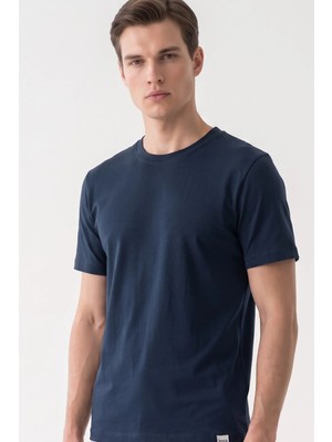 İmza Lacivert Bisiklet Yaka Kısa Kol Slim Fit Pamuklu Tişört 1011265166