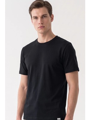 İmza Siyah Bisiklet Yaka Kısa Kol Slim Fit Pamuklu Tişört 1011265166