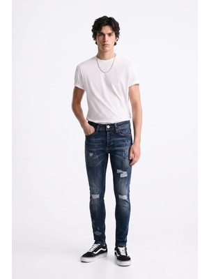 Blue White Erkek Skinny Ripped Patch Detaylı Jean Koyu Mavi