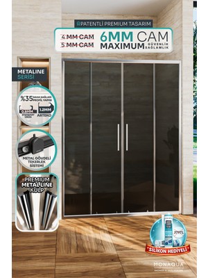 MONAQUA Arteko Metaline 2 Sabit 2 Kayar Duşakabin - Parlak Profil  6 mm Temperli Füme Cam