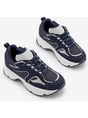 Marjin Kadın Sneaker Yüksek Kalın Taban Çok Parçalı Bağcıklı Spor Ayakkabı Merita Lacivert