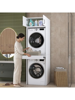Rani Mobilya Rani KD147 Çamaşır ve Kurutma Makinesi Dolabı Çekmeceli Raflı Banyo Dolabı Beyaz