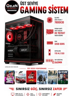 Özlen XL21 RYZEN 7 7800X3D RX 9070 XT 16GB 32GB DDR5 RAM 1TB M.2 SSD Üst Seviye Oyuncu Bilgisayarı