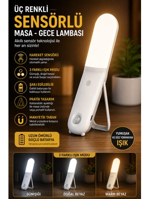 Ecuy Şarjlı Sensörlü LED Gece Lambası 3 Renk Dokunmatik Manyetik Askılı Masaüstü Dolap Lambası Sensörlü
