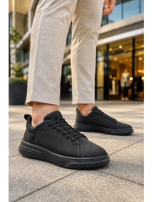 Mevese Ont Bağcıklı Keten Dokulu Hafif Taban Erkek Günlük Casual Sneaker Ayakkabı - Siyah