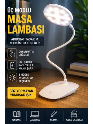 Ecuy LED Masa Lambası USB Şarjlı Dokunmatik Akrobat Çalışma Lambası 3 Modlu Göz Yormayan Işık Ultra Hafif