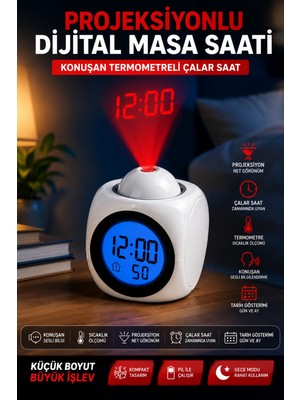 Ecuy Duvara Yansıtan Projeksiyonlu Dijital Çalar Saat Konuşan Termometreli LED Alarm Masa Saati