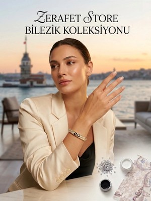 Zerafet Store Siyah ve Beyaz Çiçek Desenli Altın Kaplama Bileklik