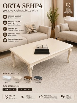 Başaran Concept Ultra Kaliteli 1. Sınıf 70X110 Mdf Oyma Işlemeli Gold Büyük Ölçü Lüks Krem Orta Sehpa