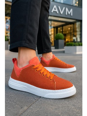 Mevese Ont Bağcıklı Keten Dokulu Hafif Taban Erkek Günlük Casual Sneaker Ayakkabı - Turuncu