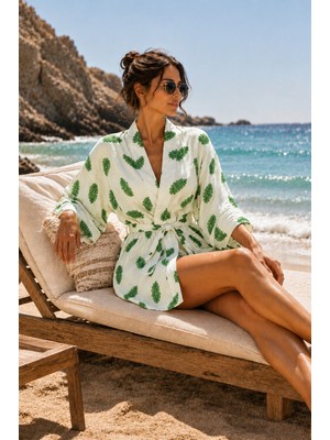 Packho Kadın Keten Plaj Kimonosu - Kuşaklı Yazlık Kimono - Jakar Yaprak Desenli