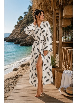 Packho Kadın Keten Kimono - Jakar Yaprak Desenli Kuşaklı Uzun Yazlık Plaj Kimono