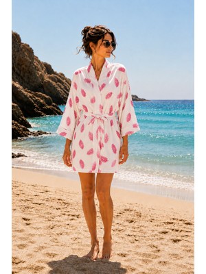 Packho Kadın Keten Plaj Kimonosu - Kuşaklı Yazlık Kimono - Jakar Yaprak Desenli