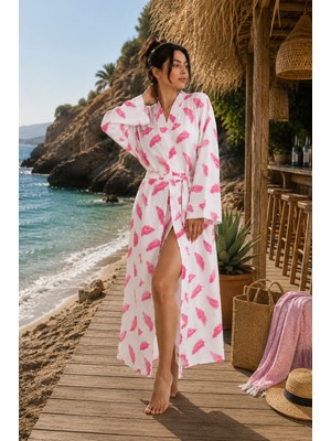 Packho Kadın Keten Kimono - Jakar Yaprak Desenli Kuşaklı Uzun Yazlık Plaj Kimono