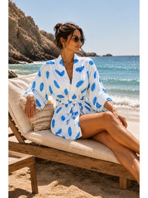 Packho Kadın Keten Plaj Kimonosu - Kuşaklı Yazlık Kimono - Jakar Yaprak Desenli