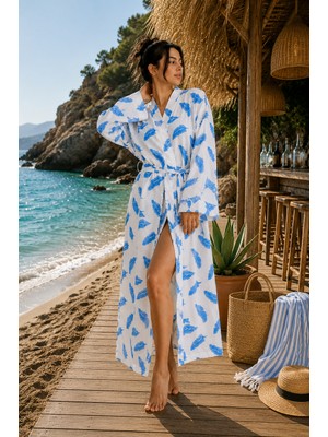 Packho Kadın Keten Kimono - Jakar Yaprak Desenli Kuşaklı Uzun Yazlık Plaj Kimono