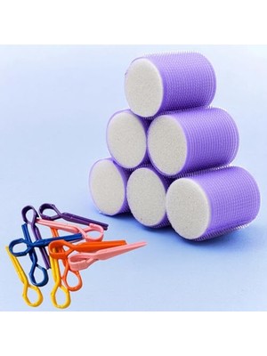 Frefly Store Croc 1203 Mor Cırtlı Sünger Bigudi 6lı Çap 5cm +10LU Plastik Saç Pensi