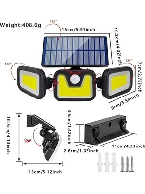 Altaylar Tedarik Üçlü Solar LED Projektör - Beyaz Işık - Sensörlü Dış Mekân Aydınlatma