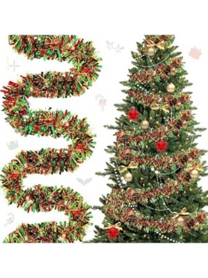 Frefly Store Metalik Yılbaşı Püskül Çelenk - 1.7m Parlak Süsleme (Kırmızı ve Yeşil)