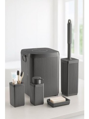 Frefly Store 5 Parça Gri Akrilik Banyo Seti, Çöp Kovası, Sabunluk ve Fırçalık Takımı