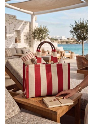 Moda Fiesta Kırmızı Çizgili Büyük Kapasiteli Plaj Çantası – Kumaş Omuz Çantası, Günlük & Tatil Kullanımı