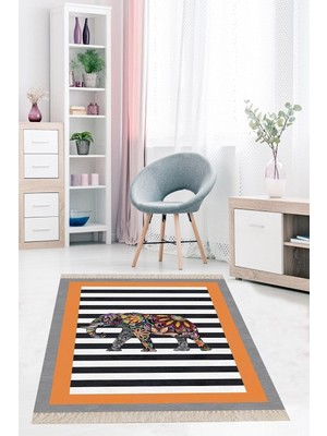 Kazan Hobi Pelangi Fil Desenli Etnik Dijital Baskı Yıkanabilir Modern Salon Filli Halı ve Yolluk, Turuncu 100 x 100