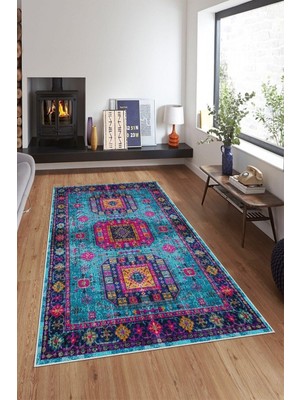 Kazan Hobi Pelangi Mavi Eskitme Desenli Çerçeveli Yıkanabilir Kaymaz Taban Leke Tutmaz Modern Salon Halısı ve Yolluk, Mavi 100 x 600, 74571091100600728