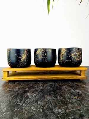 Frefly Store Siyah Gold Mermer Efektli Üçlü Ahşap Tabanlı Saksı Seti