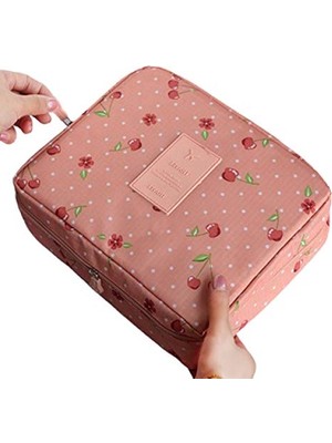 Frefly Store Su Geçirmez Seyahat Makyaj Çantası - Pembe Kiraz Desenli