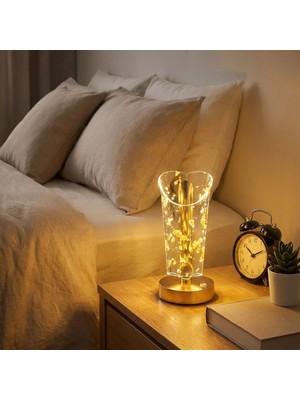 Altaylar Tedarik Açık Silindirik Kristal Altın Toz Model LED Masa Lambası - Gold Tabanlı, Dokunmatik, 3 Renk Işık Modlu, Şarjlı Modern Dekoratif Gece Lambası