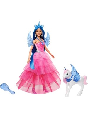 Frefly Store Barbie, 65. Yıla Özel, Mavi Saçlı, Pembe Elbiseli Bebek ile Safir Kanatlar Gibi Aksesuarlar, HRR16 | 3 Yaş ve Üstü ve Üzeri Evcil Hayvan Boynuzu Dahil Pembe Elbise ve Aksesuarlı Moda Bebek, HRR16