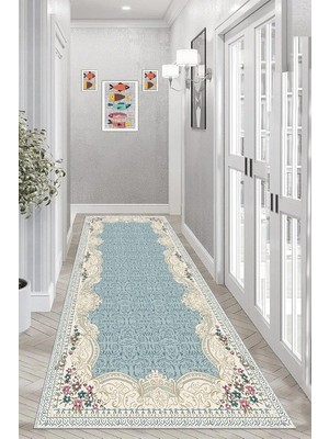 Kazan Hobi Pelangi Çiçek Desenli Dijital Baskı Yıkanabilir Kaymaz Taban Leke Tutmaz Vintage Salon Halısı ve Yolluk, Turkuvaz-Bej 80 x 400, 955563911804007