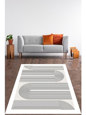 Kazan Hobi Pelangi Bohem Iskandinav Siyah Çizgi Desenli Yıkanabilir Kaymaz Taban Leke Tutmaz Salon Halısı Yolluk, Gri-Siyah-Beyaz 180 x 300