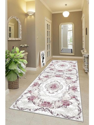 Kazan Hobi Pelangi Çiçek Desenli Dijital Baskı Yıkanabilir Kaymaz Taban Leke Tutmaz Vintage Salon Halı ve Yolluk, Pembe-Krem 100 x 300, 9555182111003007
