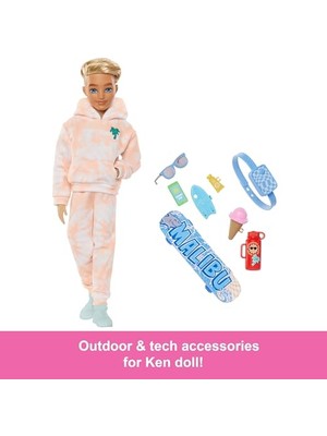 Frefly Store Barbie Rüya Arkadaşlar Bebek ve Aksesuarları, Çıkarılabilir Kıyafetleriyle Eklemleri Bükülebilen, Sarı Saçlı Ken Bebek, Yaz ve Kaykay Temalı 9 Parça, JDD75
