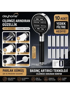 Frefly Store Filtreli Duş Başlığı, 6 Kademeli Su Akışlı, Basınç Artırıcı, Kaymaz Silikon Kaplama, Siyah-Gümüş, 10 Yedek Pp Filtre (6 Fonks. Duş Başlığı + 10 Adet Yedek Filtre)