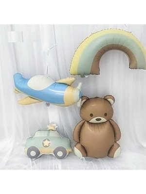 Frefly Store Retro Folyo Balon 4 Lü Set; Uçak, Araba, Gökkuşağı ve Ayıcık