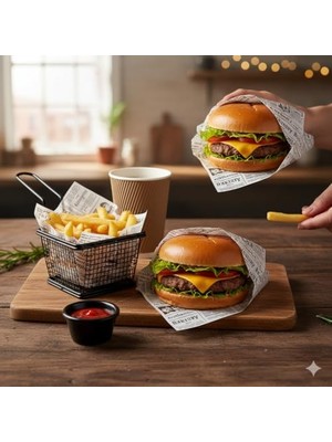 Frefly Store 50 Adet Retro Gazete Desenli Ambalaj Kağıdı - 35X25 cm Yağ Geçirmez Sandviç ve Burger Kağıdı - Gıda ile Temasa Uygun Kraft Fırıncı Kağıdı