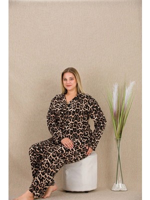 Hace Bazaar Büyük Beden Leopar Desenli Düğmeli Uzun Kol Viskon Pijama Takımı