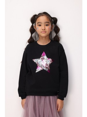 Le Mabelle Siyah  Pullu Yıldız Nakışlı Kız Çocuk Sweatshirt - Dina