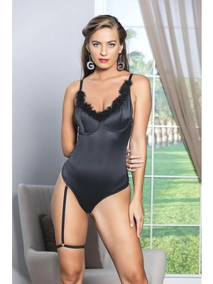Hace Bazaar Saten Bacak Bantlı Çıtçıtlı Badi Siyah