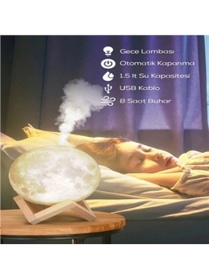 Hace Bazaar Buharlı Standlı 3D Ay Gece Lambası Dekoratif Küre LED