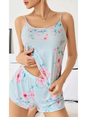 Hace Bazaar Kadın Bebek Mavisi Çiçek Desenli Askılı Şortlu Pijama Takım 5011