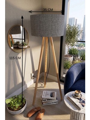 Hace Bazaar 3 Ayaklı Tripod Lambader Koyu Gri Kumaş Başlık