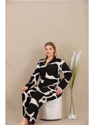 Hace Bazaar Marsilyan-  Büyük Beden Siyah Beyaz Desenli Düğmeli Uzun Kol Viskon Pijama Takımı