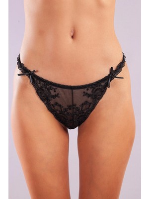 Hace Bazaar Golshan Giselle Mini String, Kadın Güpürlü Saten Siyah String Külot