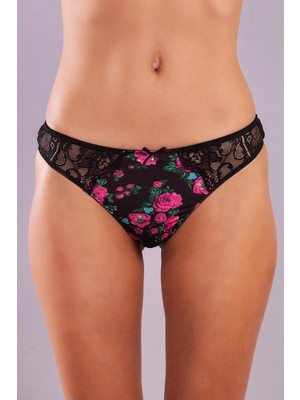 Hace Bazaar Golshan Gardenia Mini Slip, Kadın Dantelli Çiçek Baskılı Siyah Normal Bel Külot