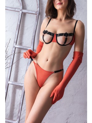 Hace Bazaar Fetiş Tarzı Turuncu Çıtçıtlı Sütyen ve Eldiven, String Takım,transparan Detaylı Seksi Iç Giyim