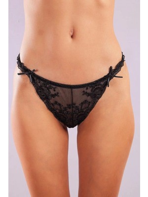 Hace Bazaar Giselle Mini String, Kadın Güpürlü Saten Siyah String Külot