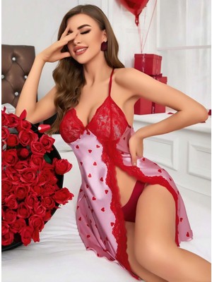 Hace Bazaar Kadın Kırmızı Kalp Desenli Saten Gecelik 2220